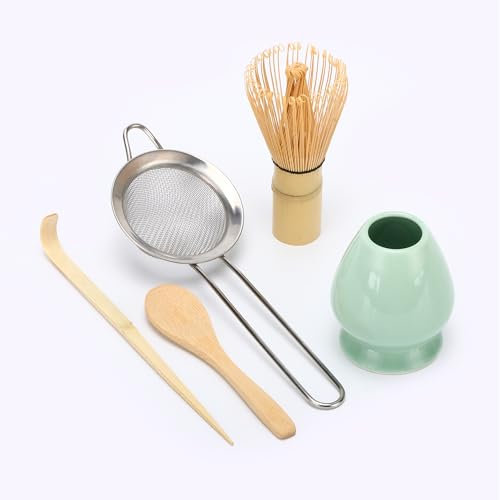 DiDiBirDi Matcha Schneebesen Set, Matcha Schneebesen (Chasen), traditionelle Schaufel (Chashaku), Edelstahl Sieb, Teelöffel, Schneebesen Halter (5pcs)