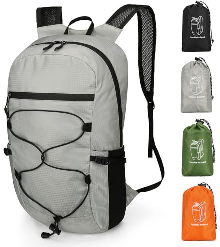 Outplea 15L Faltbarer Rucksack, Kleiner Rucksack Sport Damen, Wanderrucksack Herren Wasserdicht, Tagesrucksack Ultraleicht für Outdoor Freizeit Camping, Hellgrau