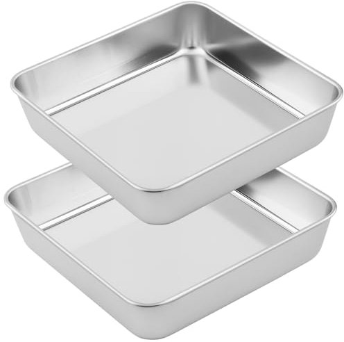 JIEHIN Set di 2 Stampo quadrato per torte in acciaio inox, 23,5 x 23,5 x 5 cm, per brownie/lasagna/torte, lavabili in lavastoviglie