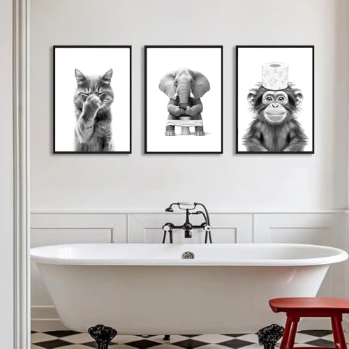 Youihom 3 Affiches Animaux WC Noir et Blanc Décoration Murale pour Toilette Poster Photo Animaux Deco WC Tableau Toilette Decoration Toile Chat Singe Elephant (YHH021-50x70cm)
