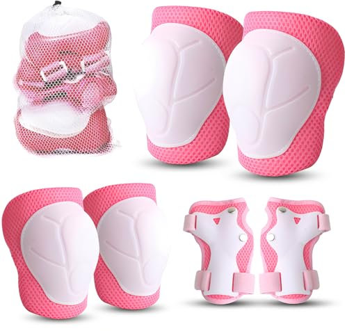 Protezioni Skateboard Bambini,6 in 1 Ginocchiere,Regolabile Attrezzatura Protettiva, Gomitiere e Tutore Polso Protezioni Set, per Skateboarding,Biciclette,Pattinaggio,Ciclismo,Bianco rosato