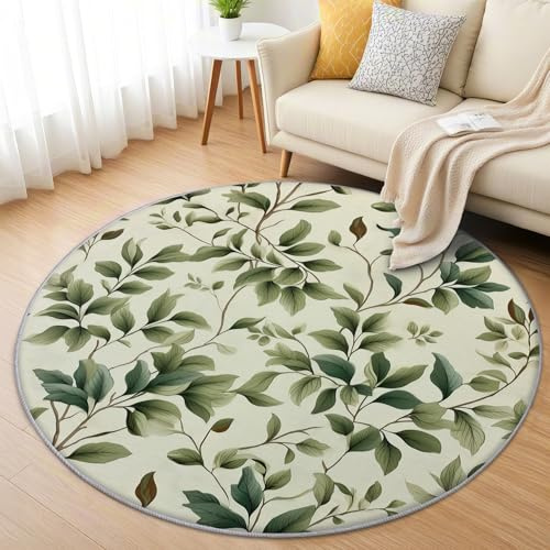 AevuCub Grün Blätter Teppich Rund 200cm Kurzflor - Waschbare Teppiche Wohnzimmer Botanik - Runder Teppich 200 cm Durchmesser Kinderzimmer - Bettvorleger Schlafzimmer rutschfest Weich
