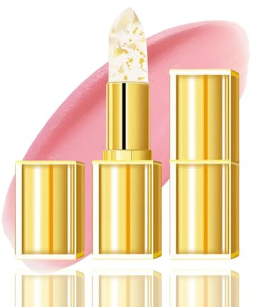 Transfer-Proof Color Changing Lipstick with Gold Foil, Gold Crystal Color Changing Lip Stick,PH Adjusting Lipsticks,Moisturizing Glossy Lip Gloss,Tinted Li/p Balm,Plumping/Glitter Lip G/loss