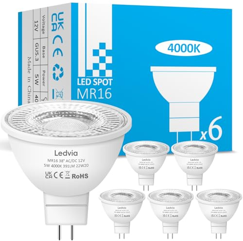 Ledvia MR16 LED Bulbs 12V 5W, Natural White 4000K, Replacement for 50W MR16 Halogen Bulbs, 391LM 38°Beam Angle, GU5.3 Bi Pin Base for Indoor Outdoor Recessed Track Lighting, 6 Pack