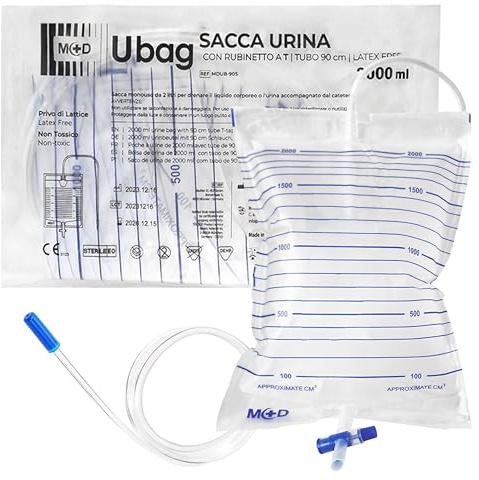 Sacche per urina da letto 2 litri tubo 130 cm con rubinetto di scarico a croce (T) e valvola antireflusso (50 pz)