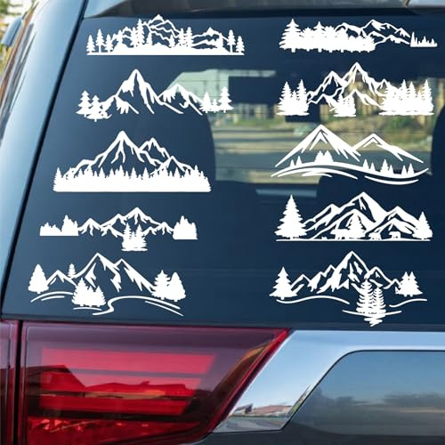 PRESSINART 4Pcs 4 Styles Berg Auto Aufkleber Wald Auto Dekor Weißer Baum Reflektierende Fahrrad Sticker PET Wasserdicht Selbstklebend Für Motorrad Helm LKW Stoßstange Raum Dekoration 7,9 x 7,9 Zoll