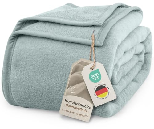 LAYNENBURG Premium Baumwolldecke 220x240 cm - Oeko-TEX 100 - Baumwollmix Kuscheldecke - Decke als Wohndecke, Sofa-Decke & Couchdecke - Wolldecke kuschelig-warm aus Baumwolle (eukalyptus)