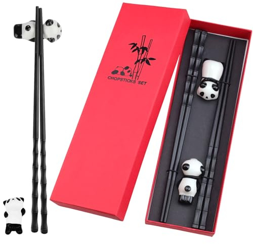 DIYCUT 2 Pares de Palillos Sushi Personalizados, con 2 Soportes para Palillos de Panda, Palillos Chinos para Niños, para uso Doméstico, Restaurante y Regalo (Negro)