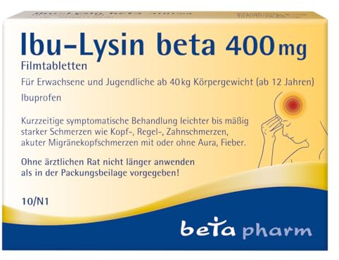 Ibu-Lysin beta 400 mg Filmtabletten mit 400 mg Ibuprofen-Lysin, 10 Stk. | Kopfschmerztabletten, Filmtabletten stark gegen Kopfschmerzen, Migräne & Fieber - für Erwachsene & Jugendliche ab 12 Jahren