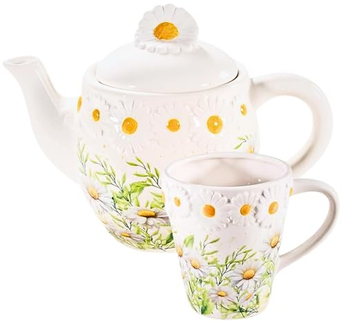 Ensemble Theiere avec Tasse en Ceramique 650 ml - Service a The 1 Personne - Theiere et Tasse Motif Floral Relief - Theiere Fleurie Design Elegant - Ideal Infusion et Tisane