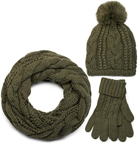 styleBREAKER Schal, Mütze und Handschuh Set, Zopfmuster Strickschal mit Bommelmütze und Handschuhe, Damen 01018208, Farbe::Oliv / Loop Schlauchschal (One Size)