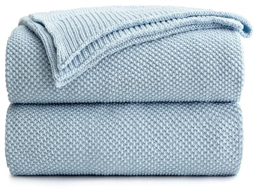 Longhui bedding 100% Cotton Light Blue Cable Knit Throw Blanket for Couch Sofa Bed Home Décor – Lightweight 50“ x 60”, Bonus Laundering Bag, Machine Washable