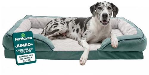 FurHaven Cooling Gel Dog Bed for Large Dogs w/Removable Bolsters & Washable Cover, For Dogs Up to 125 lbs - Plush & Velvet Waves Perfect Comfort Sofa - Celadon Green, Jumbo Plus/XXL
