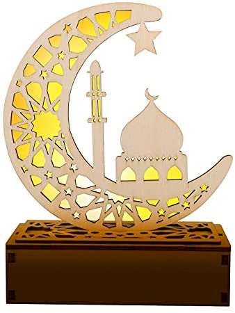 Yizhet Ramadan LED Holz Lampe, Ramadan Laterne LED, Ramadan Dekoration Lichter, Dekoration Halbmond Star Lanterns für Eid Mubarak Geschenke Partys (19 * 14cm)