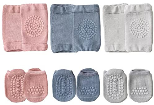 Simoda Baby Krabbeln 3 Paar Baby Knieschoner und 3 Paar Baby Socken,Anti Rutsch Krabbelhilfe mit Gummipunkte Krabbelschoner Stulpen Knieschützer für Kleinkinder 1-3 Jahren