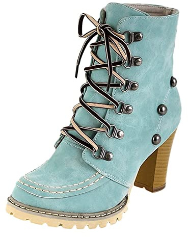 HOTRA Stiefeletten mit Nieten für Frauen Mode Schnüren Klobige High Heel Stiefeletten Lässiger Winterstiefel aus Wildleder (Color : Blau, Size : 38 EU)
