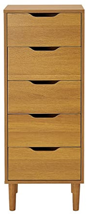 Panana Chest of Drawers, Wood 5 Drawers Cabinet Narrow Storage Organiser Unit with Wooden Legs for Living Room Bedroom Hallway (Oak)