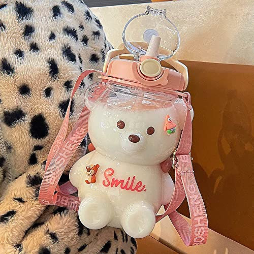 KUAILEY 1/1.4L Botella De Paja De Oso Kawaii,Botella De Agua En Forma De Oso Kawaii De PláStico De Gran Capacidad,Vaso De PláStico De Paja PortáTil, para NiñOs al Aire Libre (1L, Rosa)