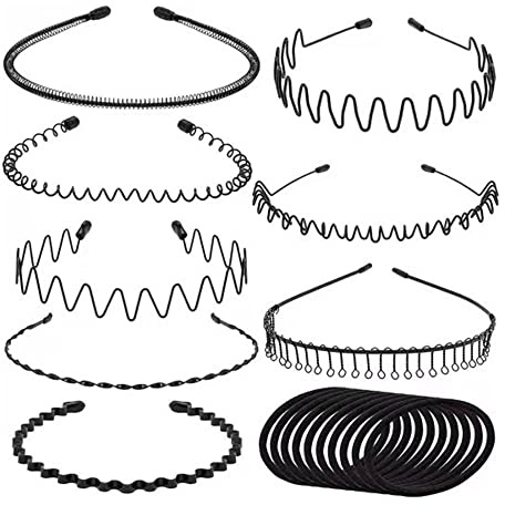 Metall haarreifen, 8 Stück Haarreifen Männer Damen Schwarz Wavy Hairband,Stilvoll Spiralhaarreif Rutschfestes Haarreif mit 10 Stück Elastische Haarringes