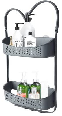 Blue Canyon Hanging Shower Caddy Single Basket, No Drill Bathroom Shelf, Non-Rusting Storage Shelves, Shower Accessory for Bathroom Organisation Shelf, Over Bath Storage Shower Basket (2 Tier Grey)