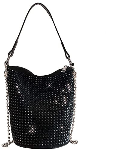 Bydenwely Strass Nieten Bling Eimer Hobo Bag Chic Abend Geldbörse Frauen Clutch Crossbody Mini Tote für Abschlussball Party, Schwarz, Medium