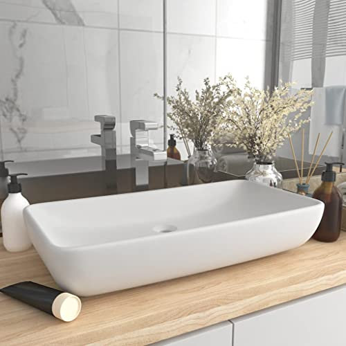 HOMIUSE Lavabo de Luxe Rectangulaire Blanc Mat 71x38 Cm CéRamique Vasque à Poser Salle de Bain Lavabo Salle de Bain Lavabo Wc Lave-Mains éVier-Lavabo à Poser Sur Meuble Lavabo sur Table
