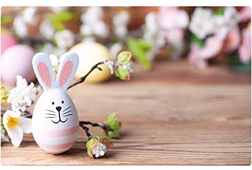 matches21 Frühlingshaftes Tischset Platzset Motiv abwaschbar Osterhase Kirschblüten Holzbrett bunt 1 STK 43,5x28,5 cm