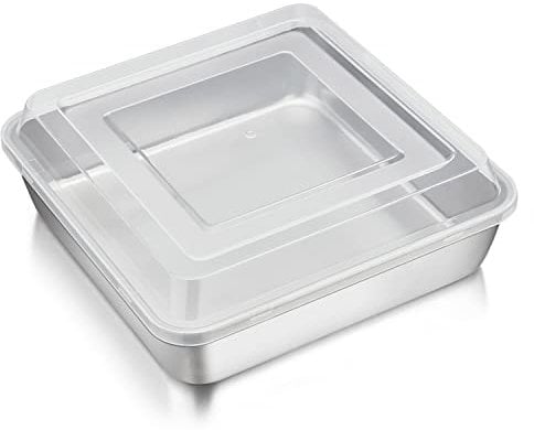 Herogo Kuchenform, Edelstahl Tief Backblech mit Deckel, Quadratische Ofenblech Fettpfanne Kuchenblech zum Backen Kochen, Ideal für Kuchen Brownie Lasagna, Spiegelfinish & Spülmaschinenfest (21x5 cm)