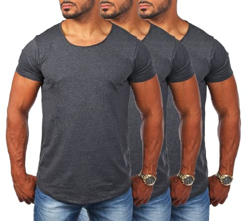 Young & Rich Herren Uni T-Shirt mit tiefem Rundhals Ausschnitt einfarbig körperbetontes Basic Tee Vintage Look 1702