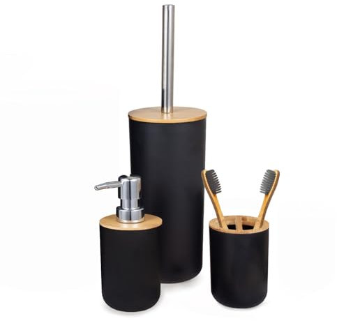 Biberty Juego Accesorios baño Negro y bambú, Incluye dispensador jabón, escobilla de baño y Porta Cepillo de Dientes - Kit Completo de 3 Piezas sin Taladro