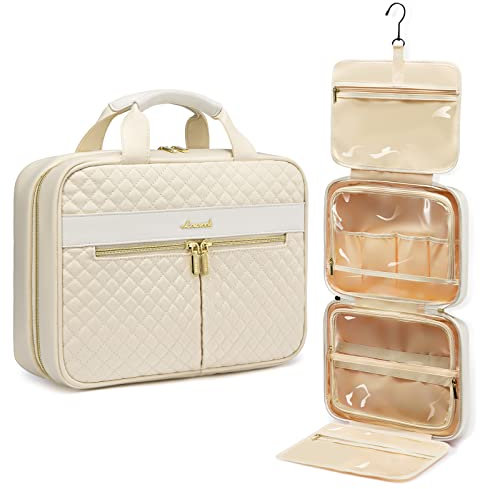 LOVEVOOK Trousse de Toilette Femme Voyage, Grande Capacité Trousses de Toilette à Suspendre Vanity Maquillage, Imperméable Trousse-de-Toilette Voyage Accessoires Beige