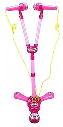 PNJB Girls Pink Twin Microphone Karaoke (Kids), With Adjustable Stand For Kids, Flashing Light & Music, Portable Machine, Singalong Toy, Lightweight And Sturdy, Easy To Store