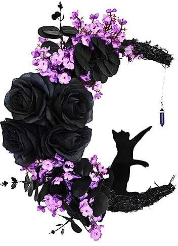 Türkranz Modern Außen Mond-Katzen-Kranz mit Blumen und bezaubernder Türdekoration, Halloween-Mond-Katze, Heimdekoration, Geschenk, Halloween-Party-Dekoration für Türkranz Frühling (Black, One Size)