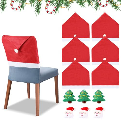 Joparri 6er Set Weihnachten Stuhlhussen, Weihnachten Nikolausmütze Stuhlbezug mit Weihnachtsmann und Christbaumschmuck, für Esstisch Weihnachten Dekoration