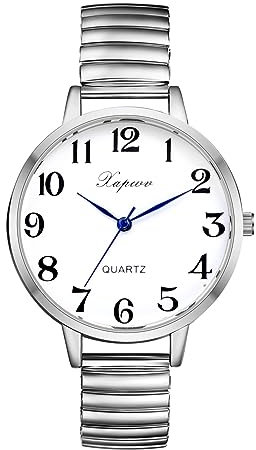 Silverora Damenuhr Elastisch Uhr Damen- Großes Zifferblatt Analoge Quarz Uhren mit Elastische Armband Klare Leicht lesbare Armbanduhr mit Arabische Zahlenskala Geschenke für Frauen Ältere Silber