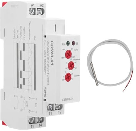 GRW8‑01 Relé De Control De Temperatura,AC/DC 24V-240V Monitor De Control De Temperatura, Relé De Retardo Con Sonda De Prueba Terminal De Alimentación L-N,Voltaje Trifásico LED Indica Monitor