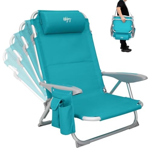 #WEJOY Strandstuhl klappbar Hochlehner Klappstuhl 4 Position Leicht tragbar Stark stabil Campingstuhl Lay Flat Chair Max Hold bis 120kg / 265 lbs Cyan