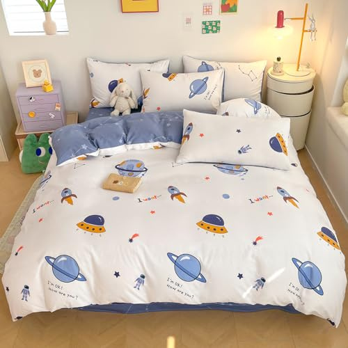 LIWHENHAO Space Duvet Cover Set Queen 100% Cotton Bedding Cartoon Astronaut Rocket Galaxy Print on White 1 Star Comforter Cover Full Zipper Closure 2 Pillowcases for Kids Girls Boys Woman
