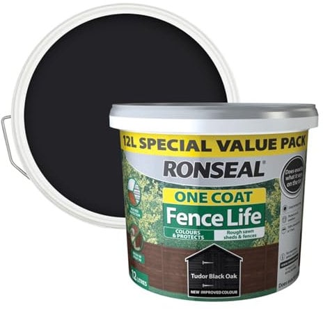 SAVING HUB One Coat Fence Life Paint - Garden Shed & Fence Paint - for Rough Wood - Trellis, Sheds & Wooden Structures - Showerproof in 1 Hour (Tudor Black Oak, 12 Liter)