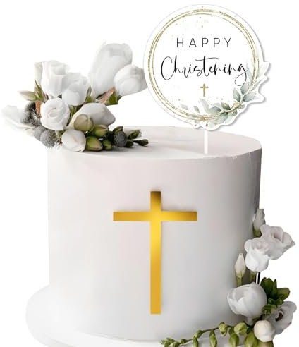 2pcs Cross Cake Topper Gold Acrylic+1pc Big Happy Christening Paper Cake Topper with Pick Stick for Christening Baptism First Communion Confirmation Birthday Wedding Cake Supplies