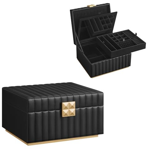 SONGMICS HOME ANAH Collection - 2-Tier Jewellery Box with Mirror, Jewellery Organiser, Removable Tray, PU Surface with Stitching, Floating Effect, 21.5 x 24 x 13.5 cm, Gift Idea, Ink Black JBC182B01