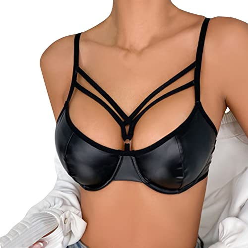 Lingerie en cuir synthétique pour femme avec boucle, soutien-gorge à armatures et soutien-gorge push-up pour femme, tenue d'hiver grande taille, Noir , S