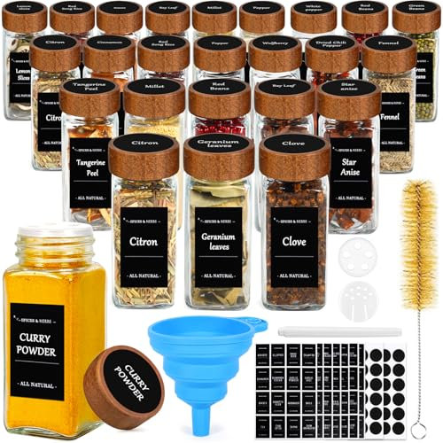 ZZXLOPEZ Pot à Épices en Verre et Bois, 24 Pièces 120ml Pots à Épices Set, Pot Epices Verre Carré, Récipient en Verre pour épices, Boite a Epices Cuisine Rangement - avec Étiquettes,Entonnoir,Brosse