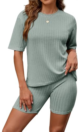 Zetieny Damen Tracksuit Kurzarm Rundhalsausschnitt Einfarbig Zweiteiler Hausanzug Loungewear Outfit Jogger Trainingsanzug Set