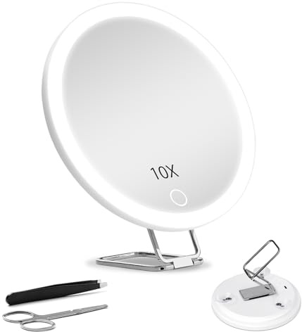 JJhxr 10X Vergrößerungsspiegel mit Licht,15.24 cm großer Makeup Vergrößerungsspiegel, 3 Farben Dimmbarer Makeup Spiegel mit 360° Tischständer, Tragbarer LED Vergrößerungsspiegel mit 3 Saugnäpfen