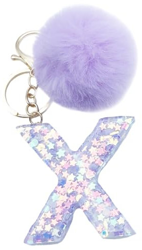 Xsclpomddy Mädchen Alphabet Buchstaben Schlüsselanhänger Niedlich Schlüsselanhänger Glitzer mit Pom Pom Quasten Harz Keychain Violett für Tasche Charme,X