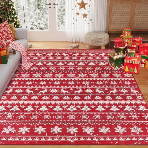 SHACOS Weihnachtsteppich 150x210 cm, rutschfest, Weihnachten Teppich, Kurzflor, Waschbarer Teppich Wohnzimmer Weihnachten, Schlafzimmerteppich Weich Weihnachtsdeko Teppich - Rot