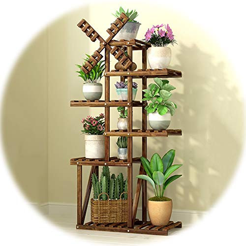 LaYiQimn Pflanzenregal Blumenständer, 5/6 Etagen Rack Scrollrad Leicht zu bewegen Balkon Garten Schmiedeeisen Massivholz Sukkulenten Bodenstehende Pflanze Blumentopfständer, Braun, 2 Spezifikationen