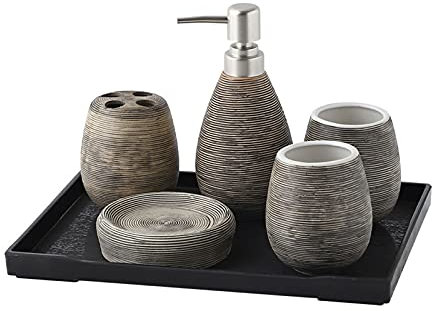 KIUGOP Bad Accessoire Set 6-Teilig Keramik Design,Badezimmer Deko Set Badezimmer Seifenspender Zahnpflege Zubehör Set Bad-Zubehör Geschenk,Grau