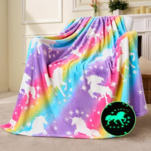 Joiedomi Decke Kuscheldecke Leuchtet im Dunkeln – Rosa Einhorn-Geschenk für Mädchen im Alter von 2 bis 12 Jahren – Weiche, gemütliche Flanell-Kinderdecke – Geburtstagsgeschenk 50×60